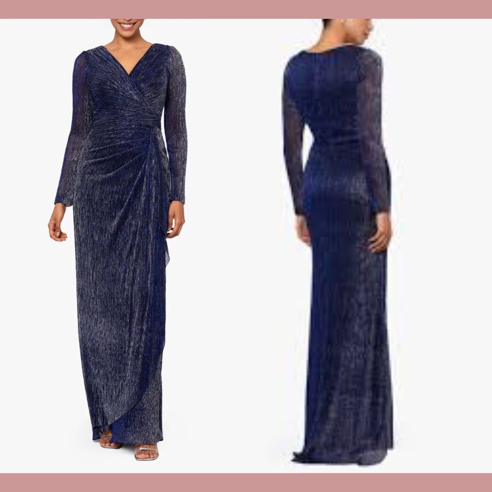 NWD $269 Betsy & Adam [ 16W ] Maggie Long Sleeve‎ Pleated Metallic Gown #S2062